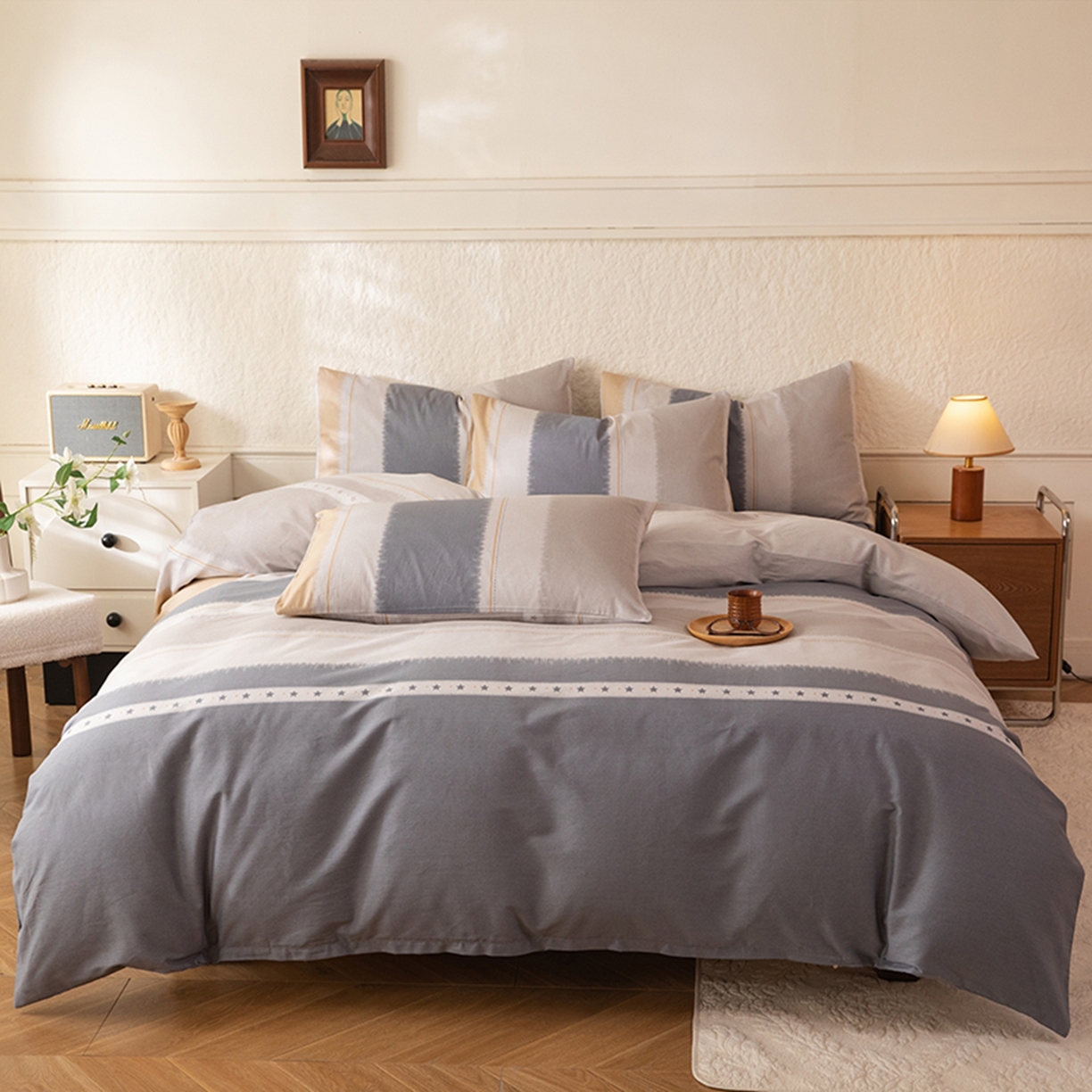 91家纺网 家纺一手货源 找家纺 八十八家纺 2026新款无印风全棉纯棉斜纹条格四件套 木兰