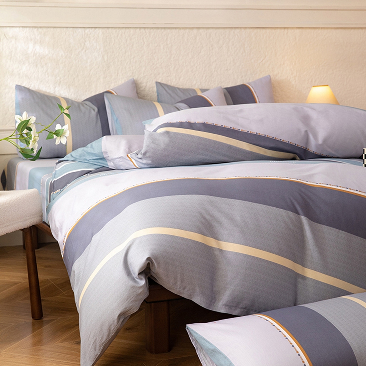 91家纺网 家纺一手货源 找家纺 八十八家纺 2026新款无印风全棉纯棉斜纹条格四件套 木思