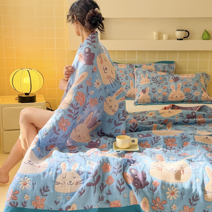 91家纺网 家纺一手货源 找家纺 （总）朴尔家纺-毛巾被 2026新款彩棉云柔三层纱布毛巾被三件套盖毯