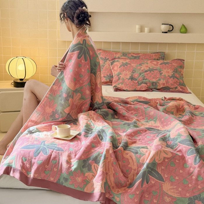 朴尔家纺-毛巾被 2026新款彩棉云柔三层纱布毛巾被三件套盖毯 初恋时刻