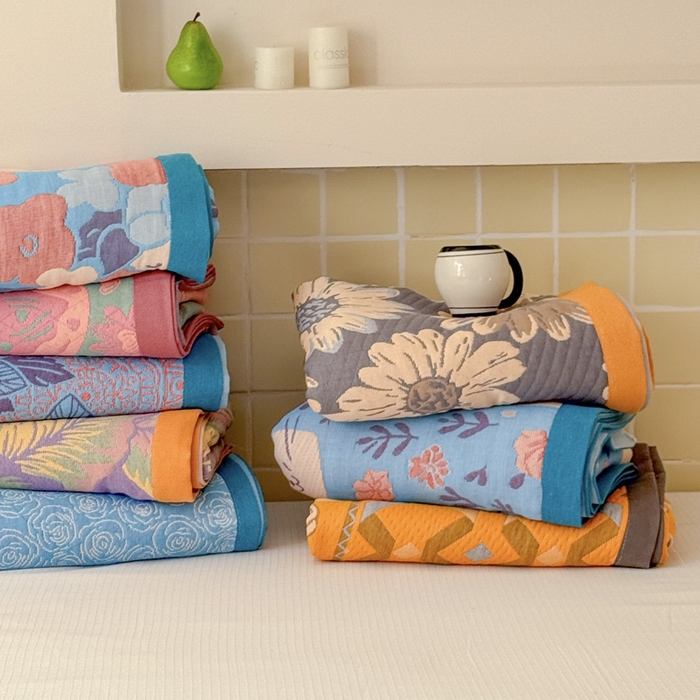 91家纺网 家纺一手货源 找家纺 朴尔家纺-毛巾被 2026新款彩棉云柔三层纱布毛巾被三件套盖毯 组合图仅供展示