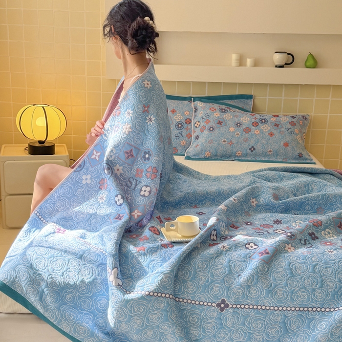 朴尔家纺-毛巾被 2026新款彩棉云柔三层纱布毛巾被三件套盖毯 玫瑰语录