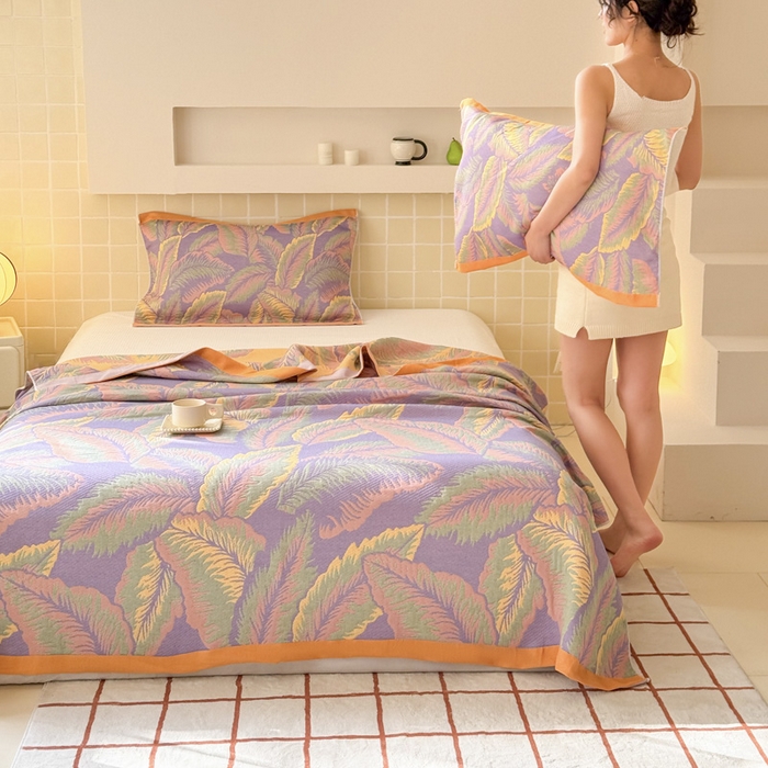 91家纺网 家纺一手货源 找家纺 朴尔家纺-毛巾被 2026新款彩棉云柔三层纱布毛巾被三件套盖毯 悦夏