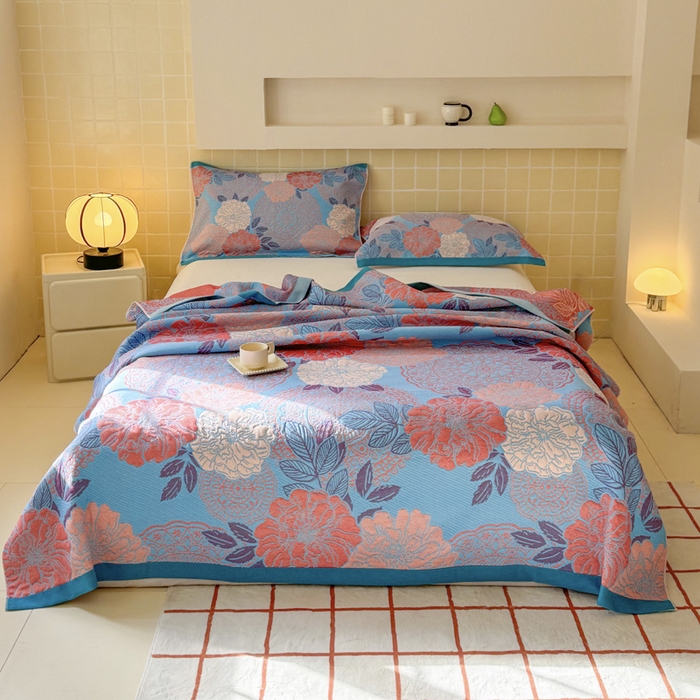 91家纺网 家纺一手货源 找家纺 朴尔家纺-毛巾被 2026新款彩棉云柔三层纱布毛巾被三件套盖毯 花朝时节