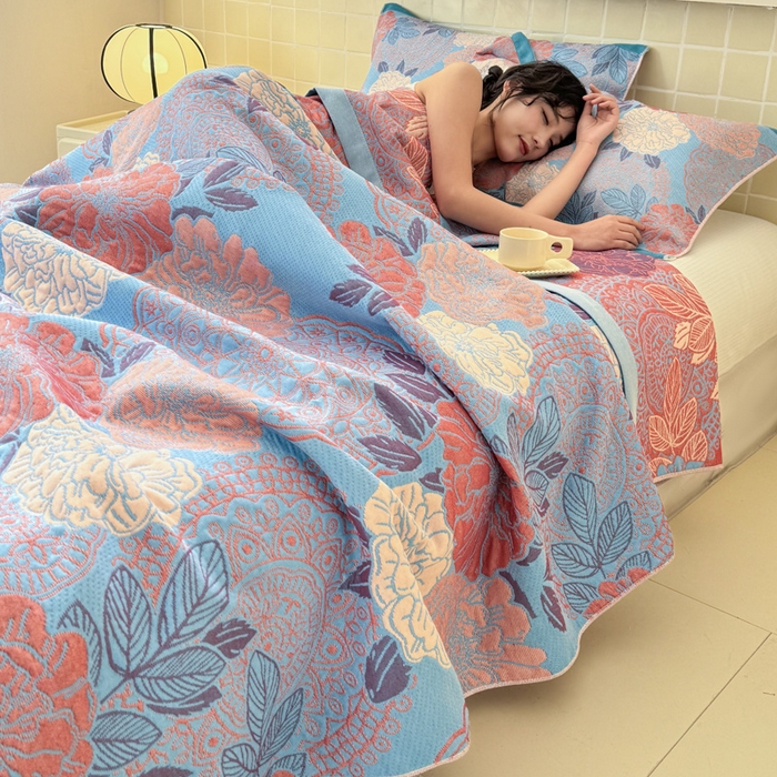 91家纺网 家纺一手货源 找家纺 朴尔家纺-毛巾被 2026新款彩棉云柔三层纱布毛巾被三件套盖毯 花朝时节