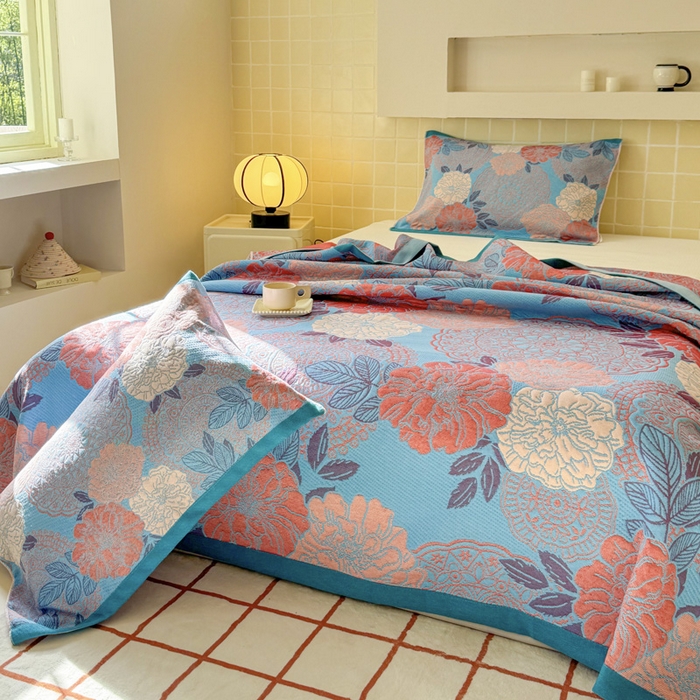 91家纺网 家纺一手货源 找家纺 朴尔家纺-毛巾被 2026新款彩棉云柔三层纱布毛巾被三件套盖毯 花朝时节