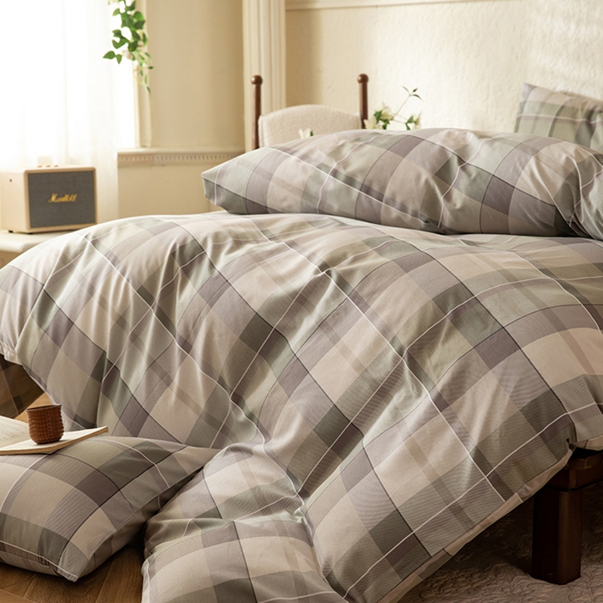 91家纺网 家纺一手货源 找家纺 八十八家纺 2026新款无印风全棉纯棉斜纹条格四件套 山茶