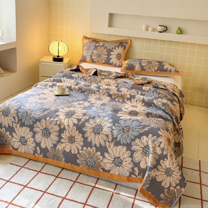 91家纺网 家纺一手货源 找家纺 朴尔家纺-毛巾被 2026新款彩棉云柔三层纱布毛巾被三件套盖毯 花间令