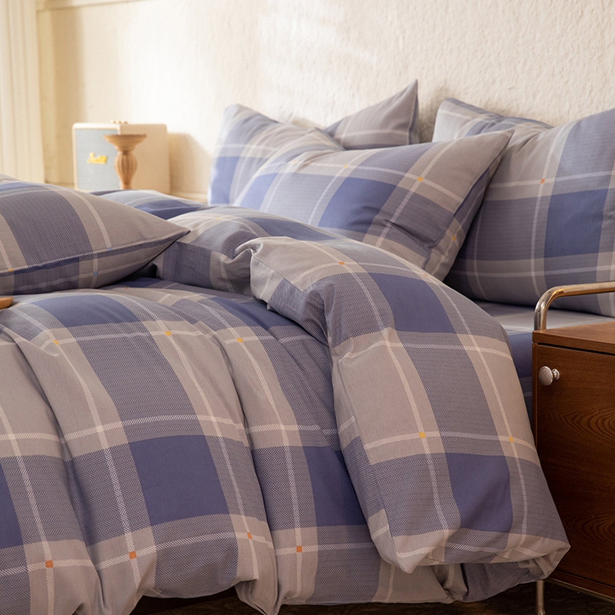 91家纺网 家纺一手货源 找家纺 八十八家纺 2026新款无印风全棉纯棉斜纹条格四件套 山林