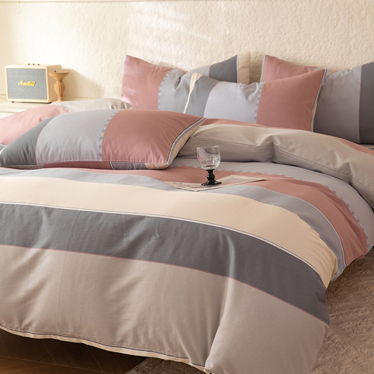 91家纺网 家纺一手货源 找家纺 八十八家纺 2026新款无印风全棉纯棉斜纹条格四件套 木本