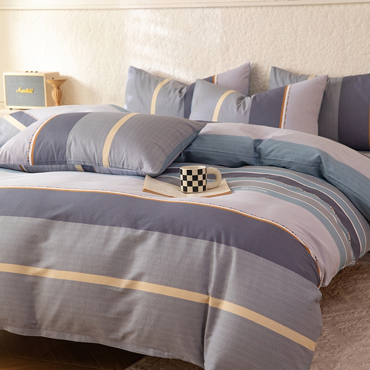 91家纺网 家纺一手货源 找家纺 八十八家纺 2026新款无印风全棉纯棉斜纹条格四件套 木思