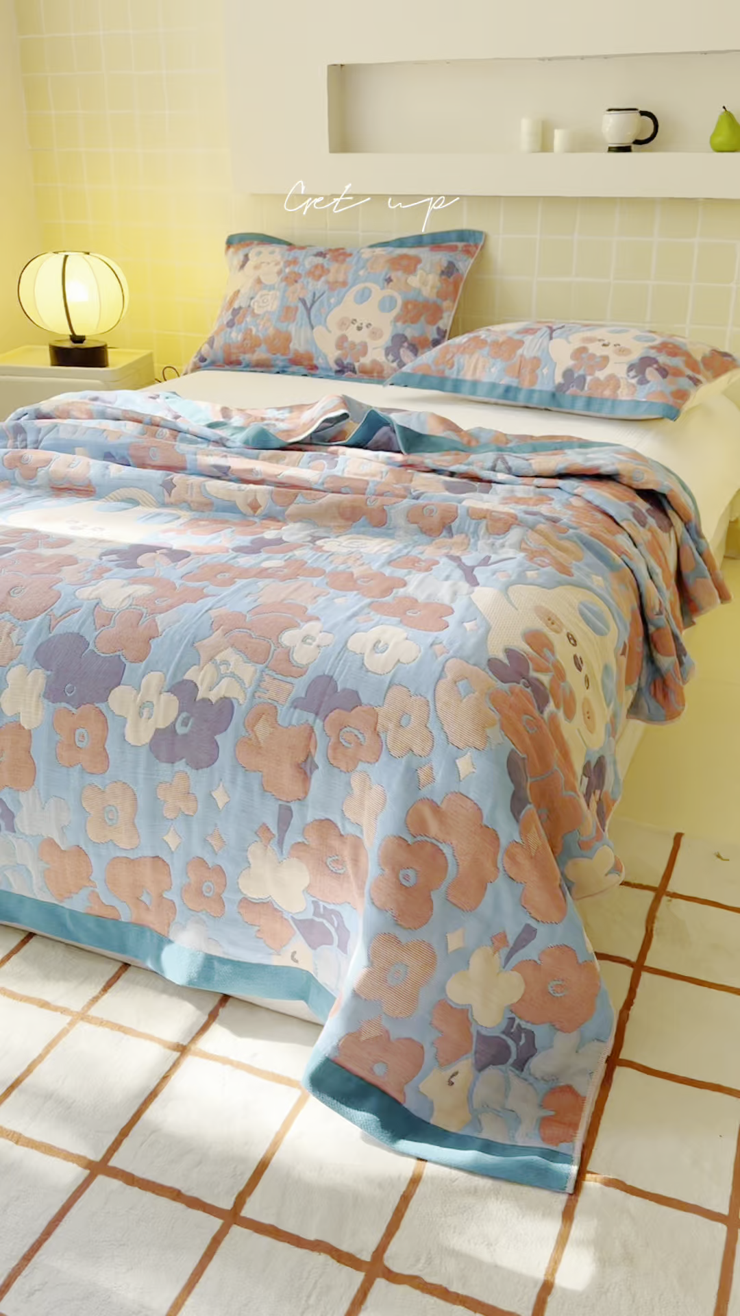 91家纺网 家纺一手货源 找家纺 朴尔家纺-毛巾被 2026新款彩棉云柔三层纱布毛巾被三件套盖毯 春樱