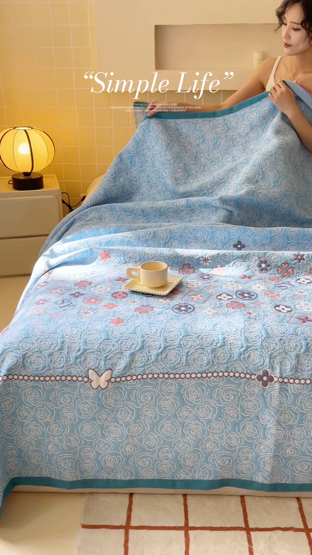 91家纺网 家纺一手货源 找家纺 朴尔家纺-毛巾被 2026新款彩棉云柔三层纱布毛巾被三件套盖毯 玫瑰语录