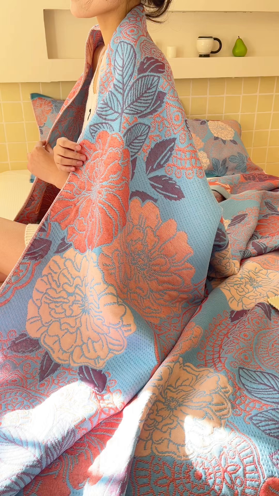 91家纺网 家纺一手货源 找家纺 朴尔家纺-毛巾被 2026新款彩棉云柔三层纱布毛巾被三件套盖毯 花朝时节