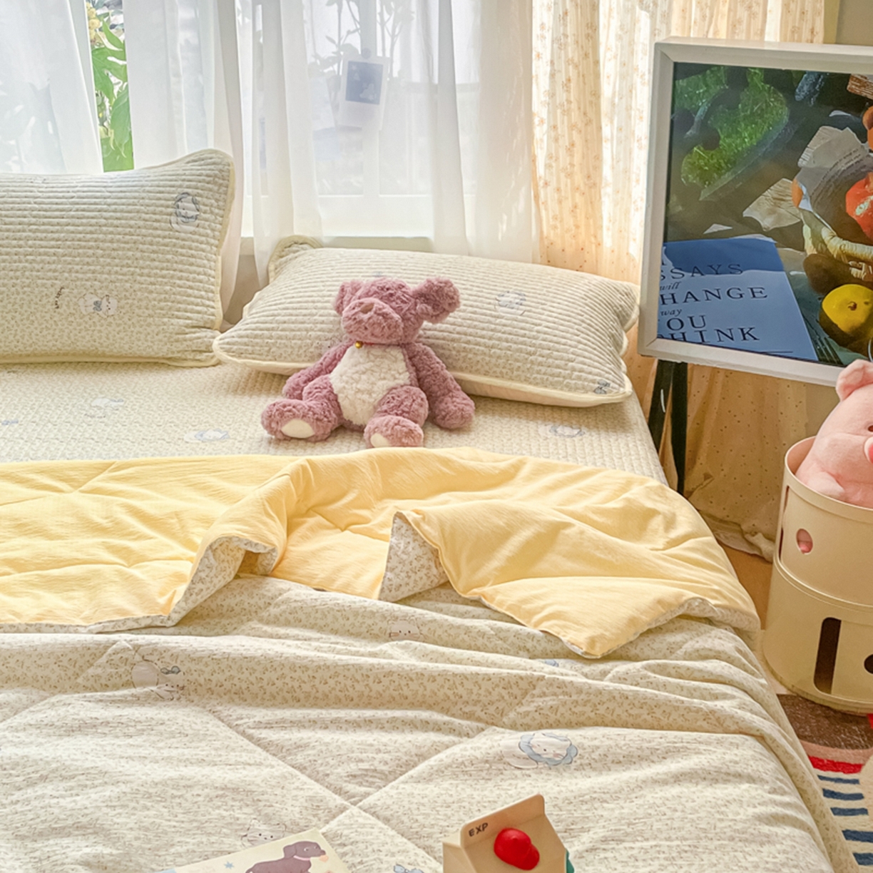 91家纺网 家纺一手货源 找家纺 老帅的工厂店 2026新款A类云感双层纱7A抗菌床盖夏被四件套系列 浅野小猫