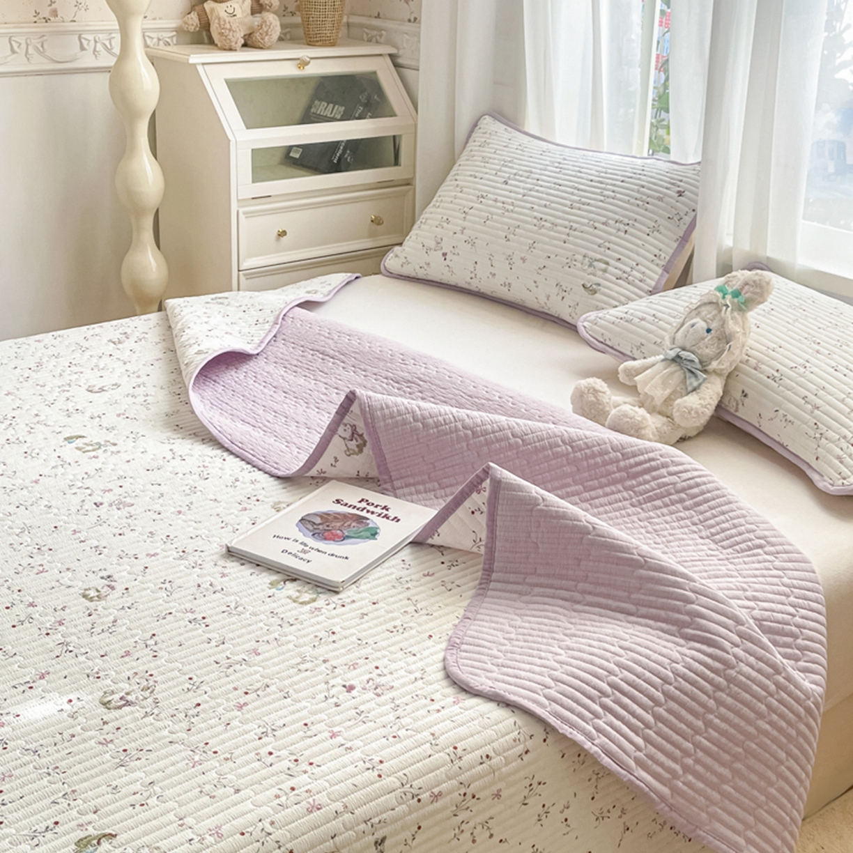 91家纺网 家纺一手货源 找家纺 老帅的工厂店 2026新款A类云感双层纱7A抗菌单品床盖系列 芋泥小兔