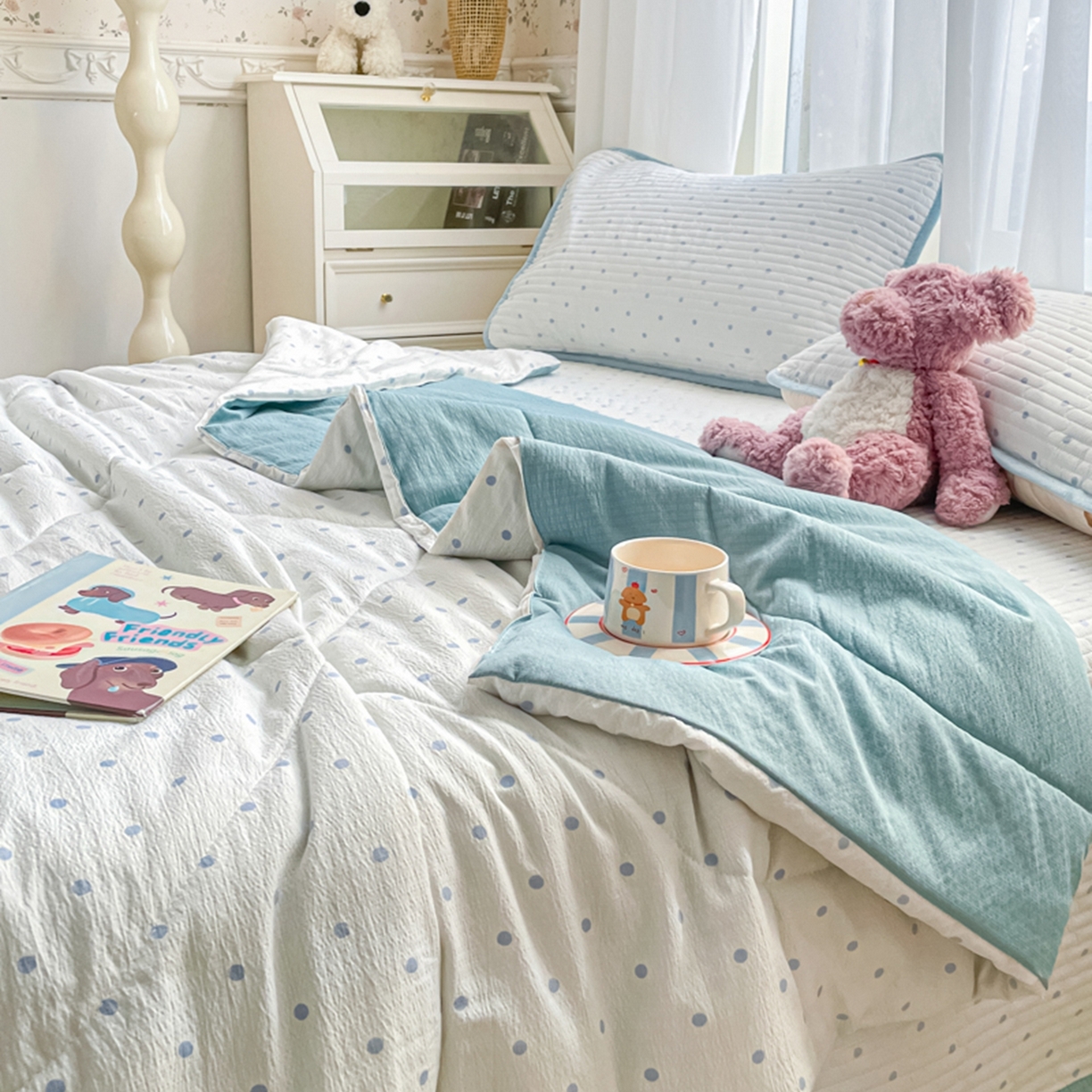 91家纺网 家纺一手货源 找家纺 老帅的工厂店 2026新款A类云感双层纱7A抗菌单品床盖系列 海盐波波