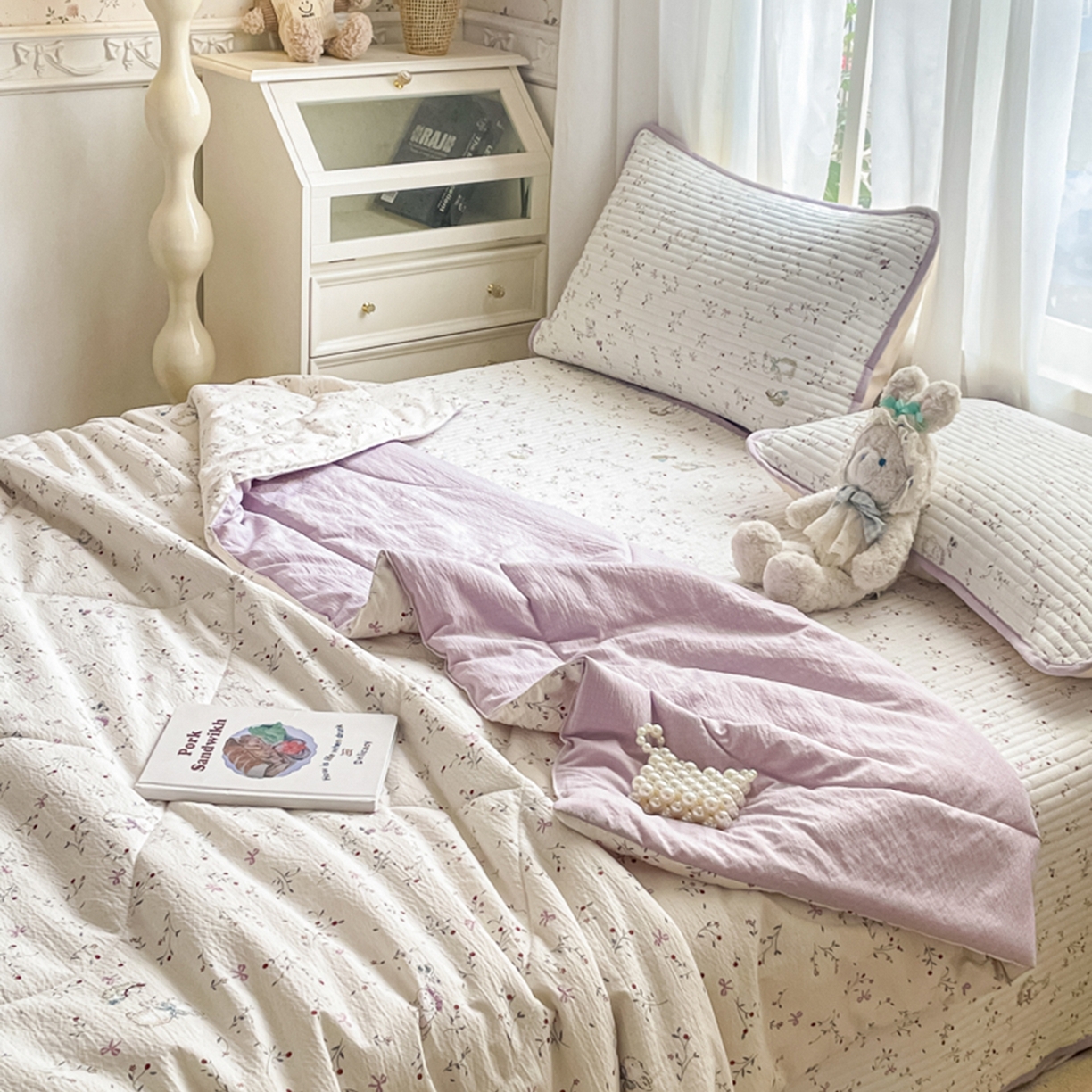 91家纺网 家纺一手货源 找家纺 老帅的工厂店 2026新款A类云感双层纱7A抗菌单品床盖系列 芋泥小兔