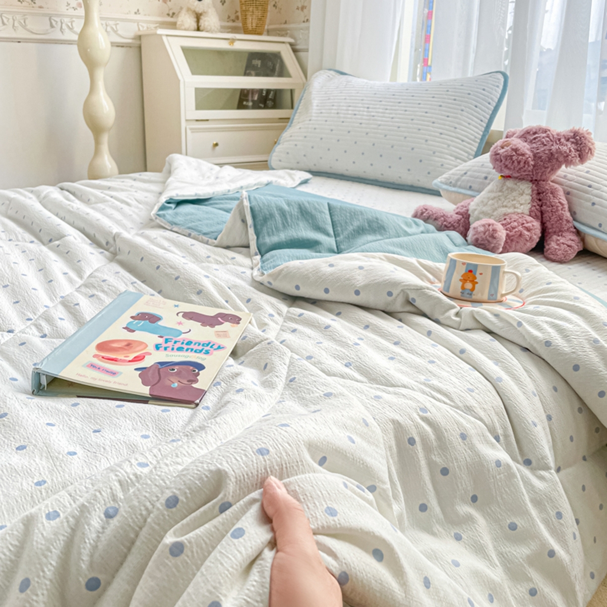 91家纺网 家纺一手货源 找家纺 老帅的工厂店 2026新款A类云感双层纱7A抗菌单品床盖系列 海盐波波