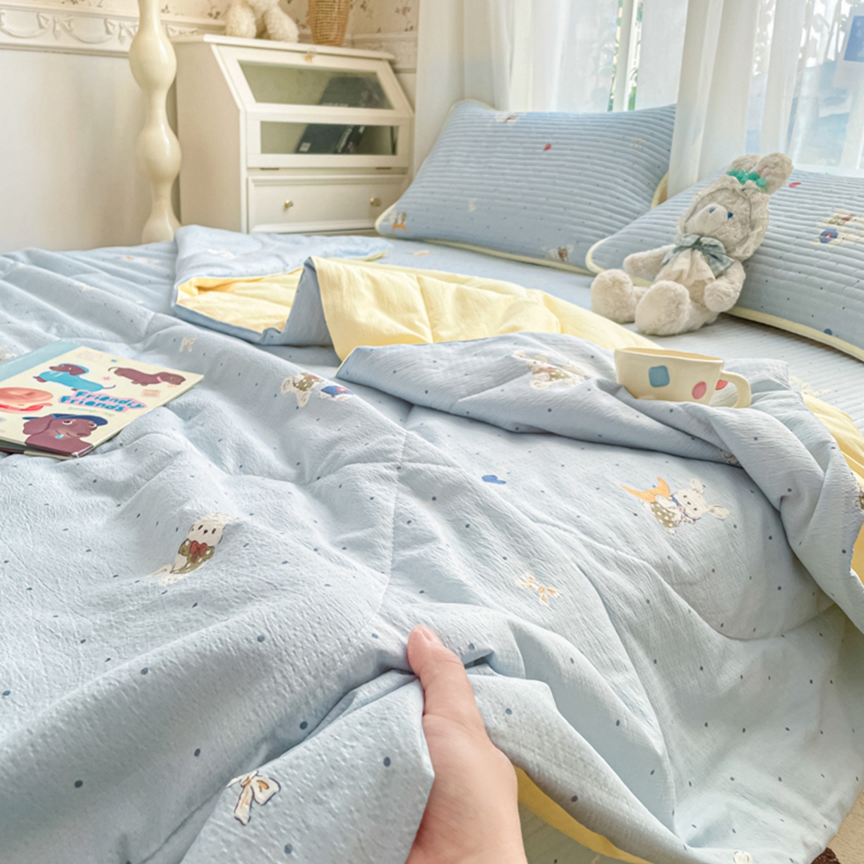 91家纺网 家纺一手货源 找家纺 老帅的工厂店 2026新款A类云感双层纱7A抗菌单品床盖系列 兔眠