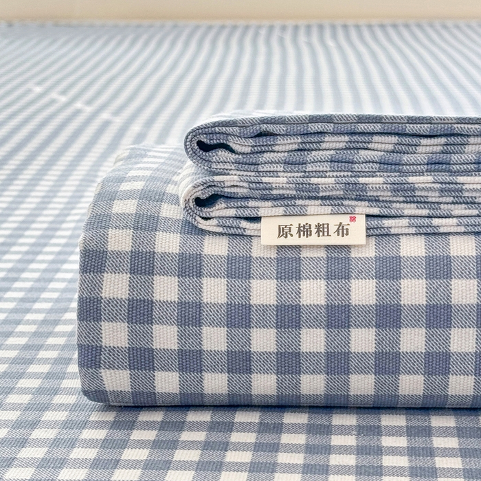 91家纺网 家纺一手货源 找家纺 首爱家纺 2026新款爆款印花原棉老粗布床单 蓝小格