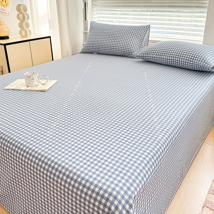 91家纺网 家纺一手货源 找家纺 首爱家纺 2026新款爆款印花原棉老粗布床单 蓝小格