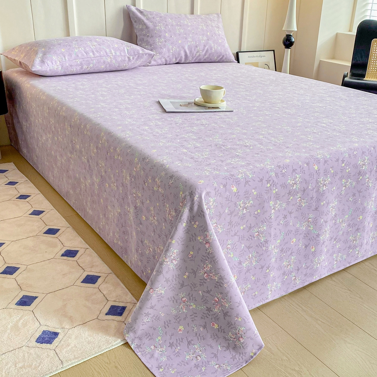 91家纺网 家纺一手货源 找家纺 首爱家纺 2026新款原棉标印花老粗布床单 紫罗兰