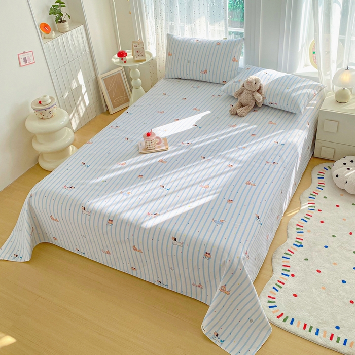 91家纺网 家纺一手货源 找家纺 首爱家纺 2026新款工艺款原棉印花老粗布床单系列 条纹狗