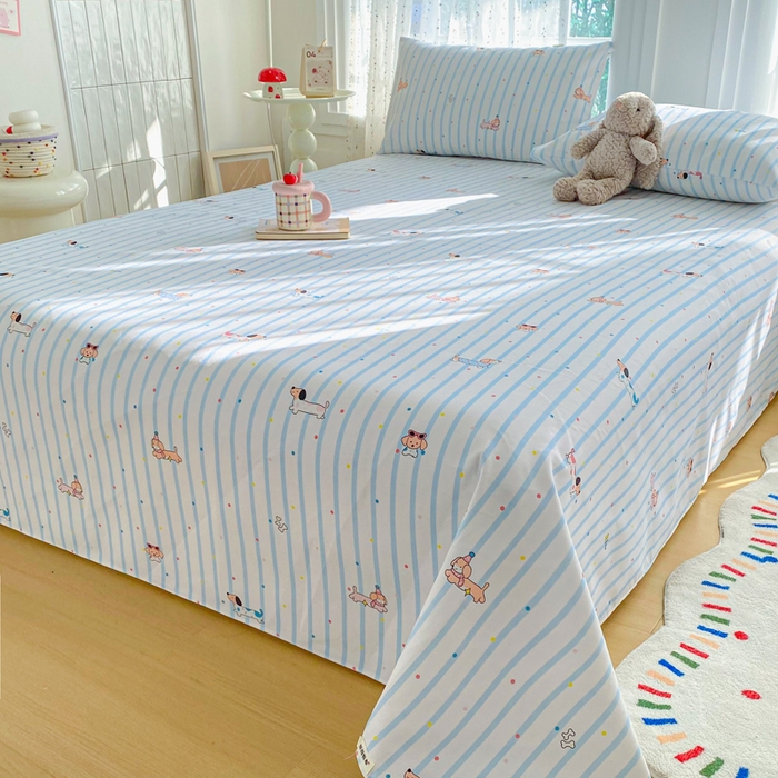 91家纺网 家纺一手货源 找家纺 首爱家纺 2026新款工艺款原棉印花老粗布床单系列 条纹狗