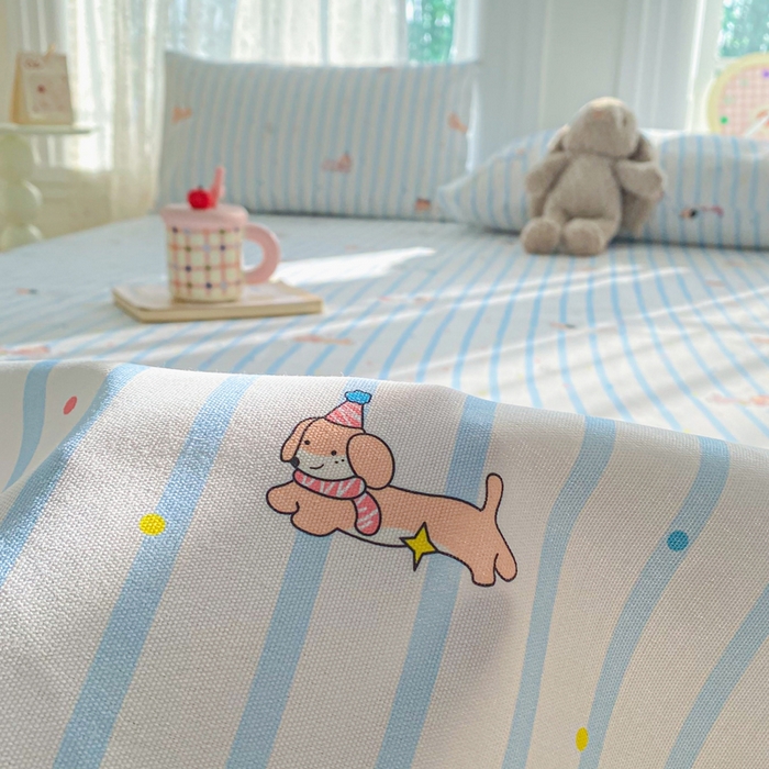 91家纺网 家纺一手货源 找家纺 首爱家纺 2026新款工艺款原棉印花老粗布床单系列 条纹狗