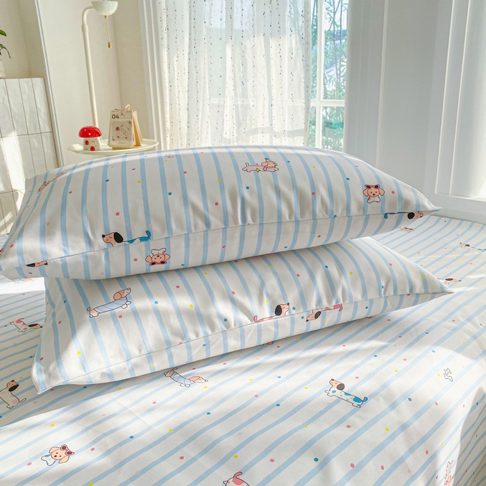 91家纺网 家纺一手货源 找家纺 首爱家纺 2026新款工艺款原棉印花老粗布床单系列 条纹狗