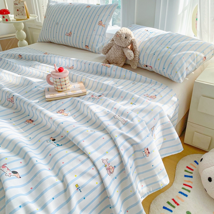 91家纺网 家纺一手货源 找家纺 首爱家纺 2026新款工艺款原棉印花老粗布床单系列 条纹狗