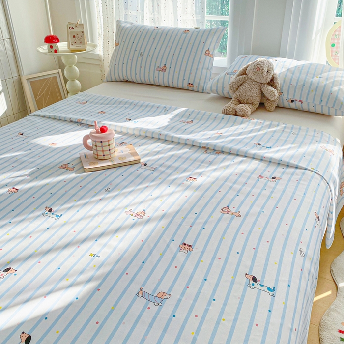 91家纺网 家纺一手货源 找家纺 首爱家纺 2026新款工艺款原棉印花老粗布床单系列 条纹狗