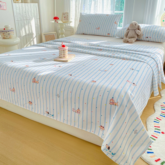 91家纺网 家纺一手货源 找家纺 首爱家纺 2026新款工艺款原棉印花老粗布床单系列 条纹狗