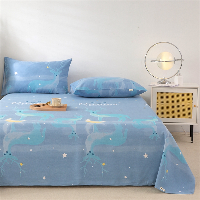 91家纺网 家纺一手货源 找家纺 首爱家纺 2026新款工艺款原棉印花老粗布床单系列 梦幻小鹿