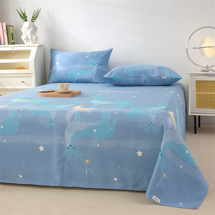 91家纺网 家纺一手货源 找家纺 首爱家纺 2026新款工艺款原棉印花老粗布床单系列 梦幻小鹿