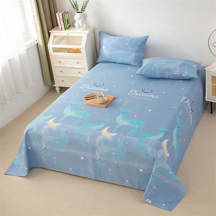 91家纺网 家纺一手货源 找家纺 首爱家纺 2026新款工艺款原棉印花老粗布床单系列 梦幻小鹿