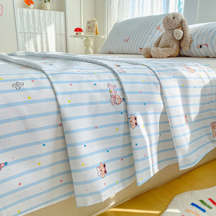 91家纺网 家纺一手货源 找家纺 棉乐町家居 2026新款工艺款原棉印花老粗布床单系列 条纹狗