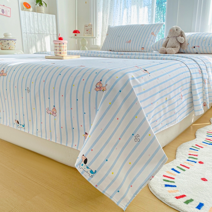 91家纺网 家纺一手货源 找家纺 棉乐町家居 2026新款工艺款原棉印花老粗布床单系列 条纹狗