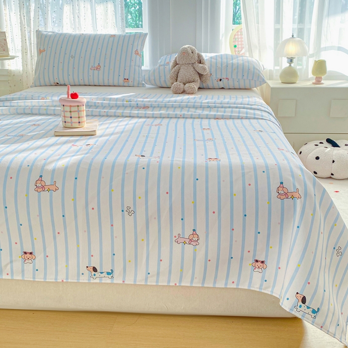 91家纺网 家纺一手货源 找家纺 棉乐町家居 2026新款工艺款原棉印花老粗布床单系列 条纹狗