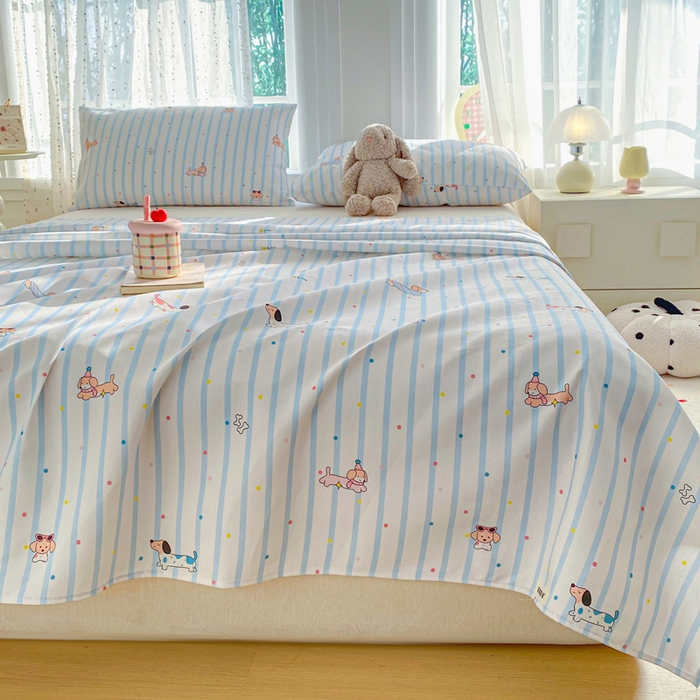 91家纺网 家纺一手货源 找家纺 棉乐町家居 2026新款工艺款原棉印花老粗布床单系列 条纹狗