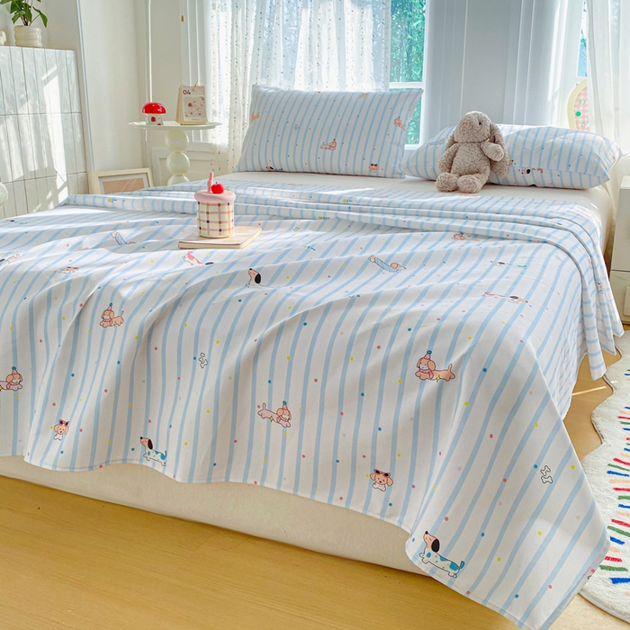 91家纺网 家纺一手货源 找家纺 棉乐町家居 2026新款工艺款原棉印花老粗布床单系列 条纹狗