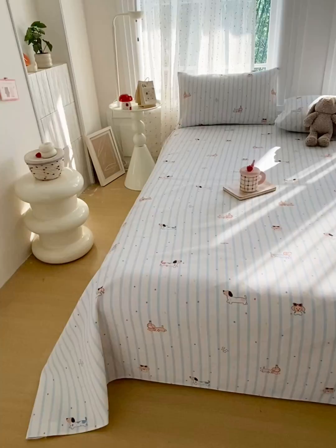 91家纺网 家纺一手货源 找家纺 棉乐町家居 2026新款工艺款原棉印花老粗布床单系列 条纹狗