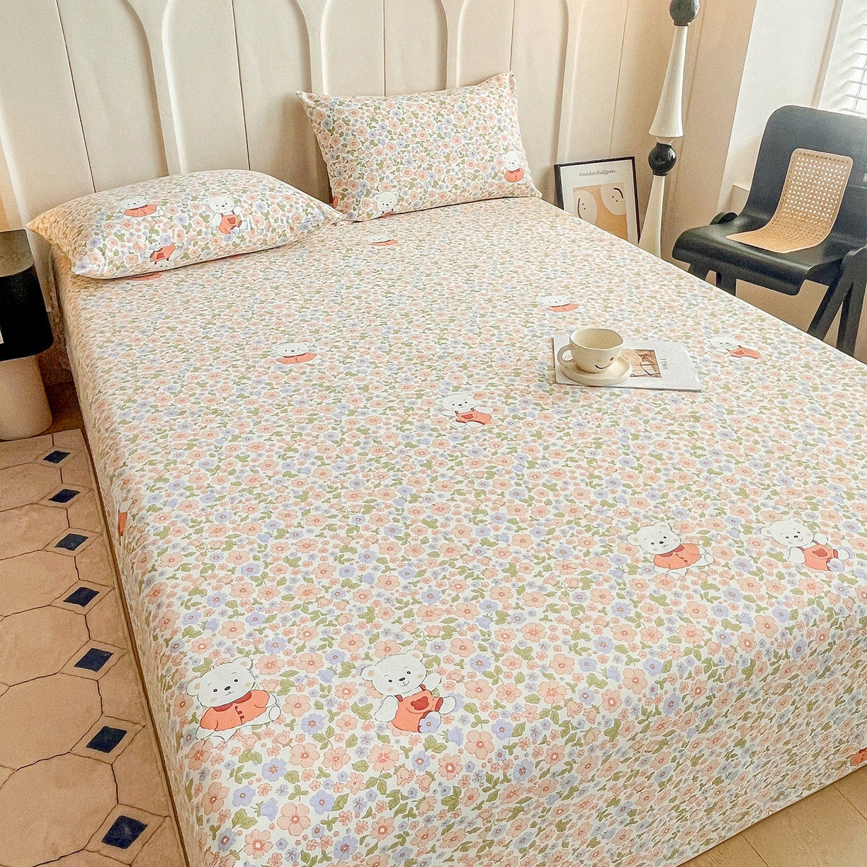 91家纺网 家纺一手货源 找家纺 棉乐町家居 2026新款工艺款原棉印花老粗布床单系列 花朵熊