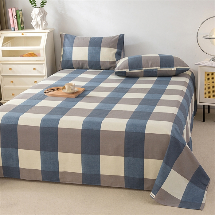 91家纺网 家纺一手货源 找家纺 棉乐町家居 2026新款工艺款原棉印花老粗布床单系列 蓝格