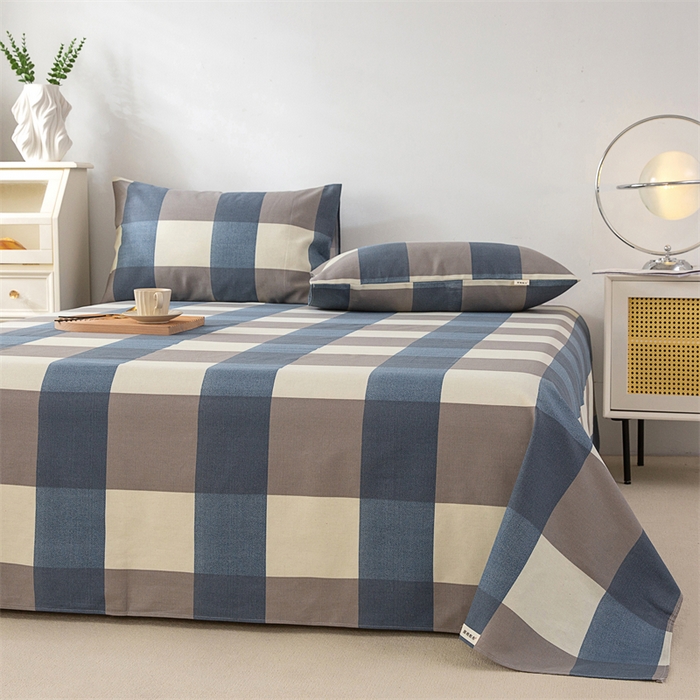 91家纺网 家纺一手货源 找家纺 棉乐町家居 2026新款工艺款原棉印花老粗布床单系列 蓝格