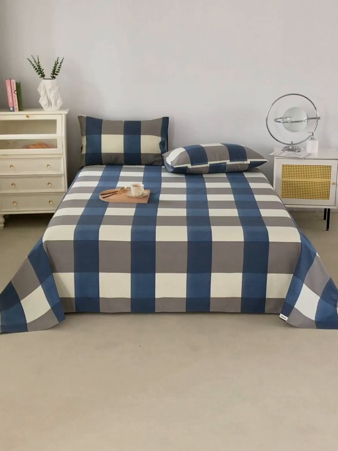 91家纺网 家纺一手货源 找家纺 棉乐町家居 2026新款工艺款原棉印花老粗布床单系列 蓝格