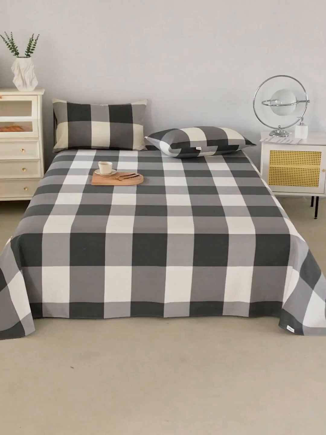 91家纺网 家纺一手货源 找家纺 棉乐町家居 2026新款原棉标印花老粗布床单 灰格