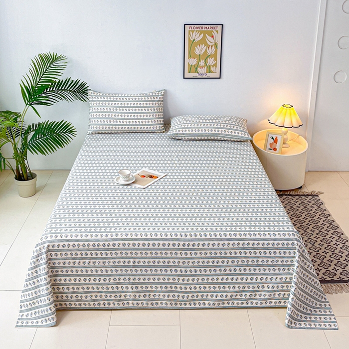 91家纺网 家纺一手货源 找家纺 棉乐町家居 2026新款原棉标印花老粗布床单 蓝心