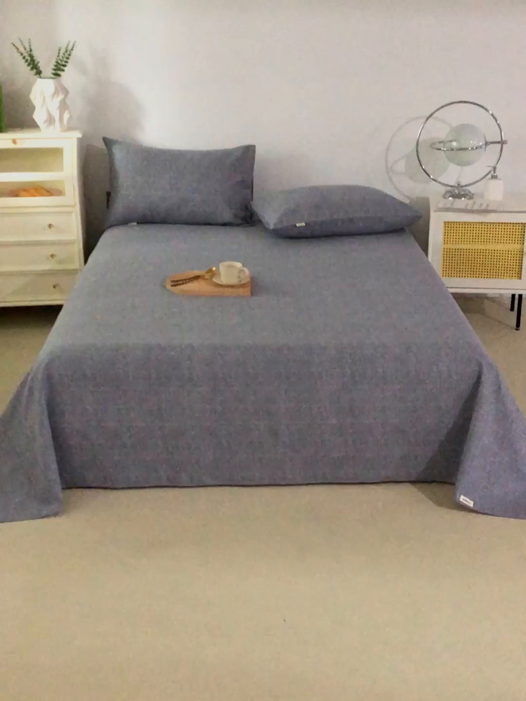 91家纺网 家纺一手货源 找家纺 棉乐町家居 2026新款原棉标印花老粗布床单 浅灰